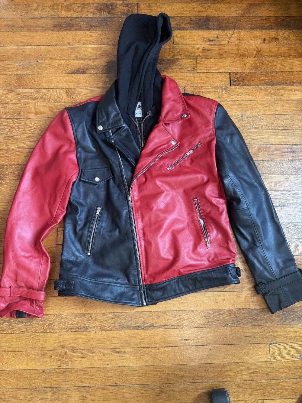 Women’s R&B 100% Leather Cotton Hoodie Biker Jacket Chest46"/Length27"/Sleeve27"